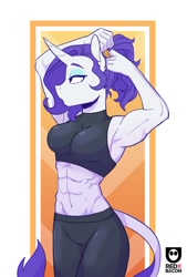 Size: 616x913 | Tagged: safe, artist:redxbacon, character:rarity, species:anthro, species:unicorn, g4, abs, belly button, biceps, big breasts, bra, breasts, busty rarity, clothing, colored eyebrows, eyebrows, eyeshadow, female, flexing, halter top, leonine tail, long tail, makeup, mare, midriff, muscles, muscular female, pants, ponytail, profile, ripped rarity, sexy, simple background, solo, sports bra, stupid sexy rarity, tail, toned, underwear, workout outfit, yoga pants