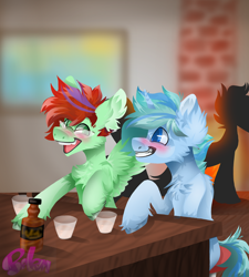 Size: 2992x3326 | Tagged: safe, artist:em&m, oc, oc only, oc:ember heartshine, oc:taleweaver, species:pegasus, alcohol, alcoholic, blurred background, blushing, drink, drinking, drunk, fireplace, glass, glasses, laughing, one wing out, open mouth, silhouette