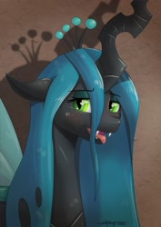 Size: 1984x2806 | Tagged: safe, artist:shikogo, character:queen chrysalis, species:changeling, g4, changeling queen, eyebrows, eyebrows visible through hair, fangs, female, floppy ears, looking at you, open mouth, sharp teeth, simple background, solo, three quarter view, tongue out