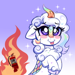 Size: 6000x6000 | Tagged: safe, artist:confetticakez, oc, oc:cloudy canvas, species:kirin, blep, cloudy canvas looking to the right with an object behind her on fire, cloudybetes, confetti is trying to kill us, cute, fire, fire extinguisher, fluffy, gradient background, guilty of kirin crimes, multicolored hair, rainbow hair, rainbow scales, simple background, solo, sparkles, tongue out