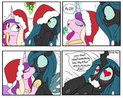 Size: 3451x2771 | Tagged: safe, artist:icey, character:princess cadance, character:queen chrysalis, species:alicorn, species:changeling, species:pony, ship:cadalis, g4, blushing, blushing profusely, changeling queen, christmas, clothing, convulsing, cute, cutealis, cutedance, female, foaming at the mouth, hat, heart eyes, high res, holiday, kissing, lesbian, love overload, mare, mistletoe, santa hat, seizure, shipping, wingding eyes