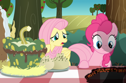 Size: 1024x675 | Tagged: safe, artist:queencold, character:fluttershy, character:pinkie pie, species:earth pony, species:pegasus, species:pony, g4, cake, female, food, hole, mare, open mouth, raised hoof, shocked, smoke, table