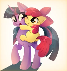Size: 1443x1515 | Tagged: safe, artist:namaenonaipony, character:apple bloom, character:twilight sparkle, character:twilight sparkle (unicorn), species:earth pony, species:pony, species:unicorn, g4, adorabloom, apple family member, blank flank, blushing, cute, duo, duo female, female, filly, foal, hug, mare, one eye closed, open mouth, open smile, simple background, smiling, young