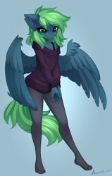 Size: 1393x2196 | Tagged: safe, artist:airiniblock, oc, oc only, oc:emerald, species:anthro, species:pegasus, species:plantigrade anthro, anthro oc, blue background, bra strap, clothing, ear fluff, eyebrows, eyebrows visible through hair, female, mare, oversized clothes, pantyhose, pegasus oc, signature, simple background, solo, spread wings, sweater, tail, wings