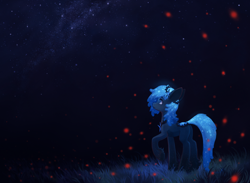 Size: 2464x1804 | Tagged: safe, artist:koviry, oc, oc only, species:earth pony, species:pony, cute, female, hooves, looking up, mare, night, ocbetes, one hoof raised, solo, tail, ych result