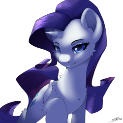 Size: 3000x3000 | Tagged: safe, artist:skitsroom, character:rarity, species:pony, species:unicorn, g4, cutie mark, eyebrows, female, hooves, horn, looking at you, mare, one hoof raised, smiling, solo