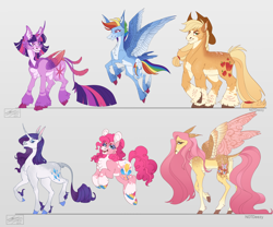 Size: 5000x4167 | Tagged: safe, artist:sakishithewolf, character:applejack, character:fluttershy, character:pinkie pie, character:rainbow dash, character:rarity, character:twilight sparkle, character:twilight sparkle (alicorn), species:alicorn, species:classical unicorn, species:earth pony, species:pegasus, species:pony, g4, alternate design, applejack's hat, chest fluff, clothing, cloven hooves, colored hooves, colored wings, cowboy hat, curved horn, cutie mark, ear fluff, feathered fetlocks, female, hat, hooves, horn, leonine tail, mane six, mare, multicolored wings, stetson, tail, unshorn fetlocks, wings