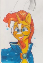 Size: 1416x2057 | Tagged: safe, artist:goulpaa, character:sunburst, species:pony, species:unicorn, g4, cape, clothing, colored eyebrows, eyebrows, glasses, male, marker drawing, no pupils, open mouth, open smile, simple background, smiling, solo, stallion, traditional art, white background
