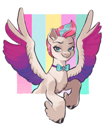 Size: 2808x3424 | Tagged: safe, artist:goulpaa, character:zipp storm, species:pegasus, species:pony, g5, bow tie, clothing, colored hooves, colored wings, eyebrows, female, heart eyes, hooves, looking at you, mare, multicolored wings, pride month, simple background, solo, spread wings, three quarter view, unshorn fetlocks, wingding eyes, wings