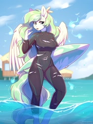 Size: 2274x3013 | Tagged: safe, artist:fensu-san, oc, oc only, species:anthro, species:pegasus, g4, anthro oc, big breasts, breasts, busty oc, cleavage, clothing, cute, female, hair, not celestia, open mouth, pegasus oc, solo, spread wings, surfboard, swimsuit, tail, torn clothes, wardrobe malfunction, water, wetsuit, wings
