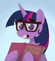 Size: 2304x2540 | Tagged: safe, artist:littmosa, character:twilight sparkle, character:twilight sparkle (unicorn), species:pony, species:unicorn, g4, book, bucktooth, cute, eyebrows, eyebrows visible through hair, female, glasses, gradient background, mare, meme, nerd, no pupils, signature, simple background, twiabetes