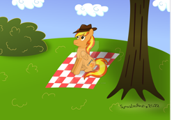 Size: 1024x703 | Tagged: safe, artist:sorasleafeon, oc, oc only, oc:firey ratchet, species:pegasus, species:pony, artist signature, blue sky, bush, cloud, digital art, grass, looking up, male, original character do not steal, smiling, solo, solo male, tree, vector, watermark