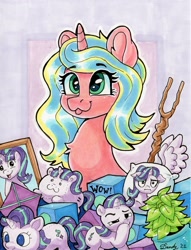 Size: 1801x2360 | Tagged: safe, artist:dandy, character:phyllis, character:starlight glimmer, oc, oc only, species:pony, species:unicorn, g4, blep, ear fluff, eye clipping through hair, eyebrows, eyebrows visible through hair, gift art, horn, kite, marker drawing, pillow, plushie, solo, staff, staff of sameness, tongue out, toy, traditional art, wow! glimmer