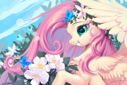 Size: 2048x1378 | Tagged: safe, artist:paipaishuaige, character:fluttershy, species:pegasus, species:pony, g4, butterfly, chest fluff, eyebrows, female, floral head wreath, flower, flower in hair, grin, profile, smiling, solo, spread wings, wings