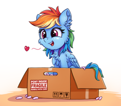 Size: 2500x2192 | Tagged: safe, artist:zeepheru_pone, character:rainbow dash, species:pegasus, species:pony, g4, box, cheek fluff, chest fluff, cute, dashabetes, ear fluff, female, fluffy, folded wings, heart, high res, mare, open mouth, open smile, packing peanuts, signature, simple background, sitting, smiling, solo, tail, three quarter view, wings