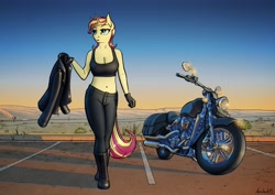 Size: 3508x2480 | Tagged: safe, artist:apocheck13, character:sunset shimmer, species:anthro, species:plantigrade anthro, species:unicorn, g4, my little pony:equestria girls, belly button, boots, bra, breasts, cleavage, clothing, desert, explicit source, eyebrows, female, gloves, highway, horn, jacket, leather jacket, mare, motorcycle, open mouth, pants, parking lot, scenery, shoes, solo, sports bra, sunset, tail, underwear