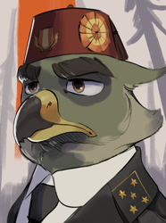 Size: 676x910 | Tagged: safe, artist:cadillacdynamite, community related, oc, oc only, oc:gerhard bluhm, species:griffon, equestria at war mod, bust, clothing, cockade, eyebrows, fez, hat, male, military, military uniform, necktie, portrait, solo, suit, uniform