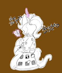 Size: 967x1129 | Tagged: safe, artist:alazak, character:trixie, species:pony, species:unicorn, g4, alternate hairstyle, baby, baby pony, babysitter trixie, bad babysitting, basket prison, clothing, cutie mark, glowing horn, hoodie, horn, levitation, limited palette, magic, ponytail, random pony, remote control, selective color, tail, telekinesis, underhoof