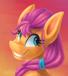 Size: 2369x2634 | Tagged: safe, artist:kaylerustone, character:sunny starscout, species:earth pony, species:pony, g5, braid, bust, cute, female, gradient background, high res, looking sideways, mare, portrait, signature, smiling, solo, sunnybetes, three quarter view