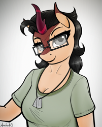 Size: 2080x2583 | Tagged: safe, artist:apocheck13, oc, oc only, oc:hexen, species:anthro, species:kirin, g4, breasts, busty oc, cleavage, clothing, commission, cute, dog tags, eyebrows, female, glasses, horn, looking at you, ocbetes, shirt, simple background, smiling, solo, t-shirt