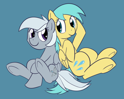 Size: 1280x1022 | Tagged: safe, artist:whatsapokemon, character:silverspeed, character:sunshower raindrops, species:pegasus, species:pony, g4, blue background, cute, duo, duo female, female, folded wings, full body, hoof on head, looking at each other, mare, simple background, sitting, smiling, smiling at each other, tail, three quarter view, underhoof, wings