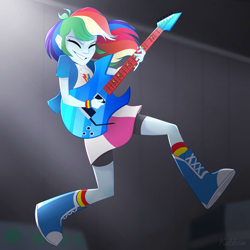 Size: 5000x5000 | Tagged: safe, artist:pointdelta, character:rainbow dash, equestria girls:rainbow rocks, g4, my little pony: equestria girls, my little pony:equestria girls, awesome as i want to be, boots, clothing, electric guitar, eyebrows, eyes closed, female, grin, guitar, high heel boots, high heels, midair, musical instrument, redraw, scene interpretation, shoes, smiling, solo