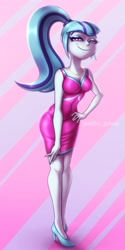 Size: 2000x4000 | Tagged: safe, artist:shad0w-galaxy, character:sonata dusk, species:eqg human, equestria girls:rainbow rocks, g4, my little pony: equestria girls, my little pony:equestria girls, abstract background, clothing, commission, dress, explicit source, eyebrows, eyebrows visible through hair, female, grin, high heels, looking at you, pink background, pink dress, ponytail, shoes, simple background, smiling, smug, solo