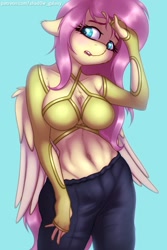 Size: 1000x1500 | Tagged: safe, artist:shad0w-galaxy, part of a set, character:fluttershy, species:anthro, species:pegasus, species:pony, g4, absolute cleavage, blue background, breasts, busty fluttershy, chest fluff, cleavage, clothing, detached sleeves, explicit source, eyebrows, eyelashes, female, floppy ears, looking sideways, mare, open mouth, pants, simple background, solo, wings