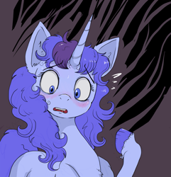 Size: 1325x1375 | Tagged: safe, artist:paskanaakka, derpibooru original, oc, oc only, oc:midnight dew, species:pony, species:unicorn, abstract background, blushing, colored hooves, ear fluff, explicit source, eyebrows, eyebrows visible through hair, eyelashes, female, hooves, horn, mare, nervous, open mouth, raised hoof, solo, suggestive description, sweat, unshorn fetlocks