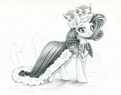 Size: 1500x1178 | Tagged: safe, artist:maytee, character:rarity, species:pony, species:unicorn, g4, cape, clothing, costume, crown, crystal, female, grayscale, jewelry, looking at you, mare, monochrome, princess platinum, regalia, simple background, solo, three quarter view, traditional art, white background