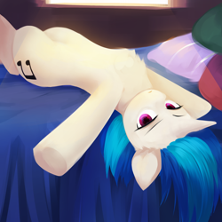 Size: 2000x2000 | Tagged: safe, artist:some_ponu, character:dj pon-3, character:vinyl scratch, species:pony, species:unicorn, g4, bed, chest fluff, eyebrows, female, looking at you, lying down, mare, on back, on bed, solo