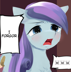 Size: 1381x1384 | Tagged: safe, artist:some_ponu, oc, oc only, species:earth pony, species:pony, episode:the crystal empire, g4, my little pony: friendship is magic, crying, dialogue, emoji, female, forgor the name of pony, mare, open mouth, sad, sadorable, solo, speech bubble, text