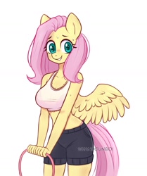 Size: 1213x1454 | Tagged: safe, artist:handgunboi, character:fluttershy, species:anthro, species:pegasus, g4, bra, clothing, eyebrows, eyelashes, female, frilly underwear, looking at you, mare, nervous, panties, pink underwear, shorts, simple background, solo, sports bra, sports shorts, spread wings, tail, tennis racket, underwear, watermark, white background, wings