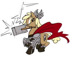 Size: 666x531 | Tagged: safe, artist:sawhorse, derpibooru original, character:mjölna, species:earth pony, species:pony, g4, cape, clothing, crossover, female, hammer, holding, mare, marvel, marvel comics, mjölnir, mouth hold, profile, simple background, solo, thor, war hammer, weapon, white background