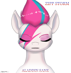 Size: 2476x2538 | Tagged: safe, artist:shikogo, character:zipp storm, species:pegasus, species:pony, g5, aladdin sane, album cover, bust, colored eyebrows, david bowie, eyebrows, eyes closed, face paint, female, front view, full face view, mare, portrait, reference, signature, simple background, text, white background