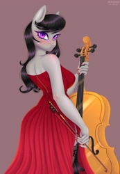 Size: 2766x4000 | Tagged: safe, artist:gunya, part of a set, character:octavia melody, species:anthro, species:earth pony, species:pony, g4, blushing, breasts, busty octavia, cello, cello bow, clothing, dress, explicit source, eyelashes, female, gray background, looking at you, looking back, looking back at you, makeup, mare, mascara, musical instrument, red dress, side slit, simple background, socks, solo, stockings, thigh highs