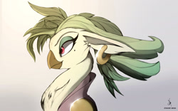 Size: 1920x1200 | Tagged: safe, artist:zidanemina, character:captain celaeno, species:anthro, species:bird, species:parrot, g4, my little pony: the movie (2017), armor, bust, ear piercing, earring, eyebrows, female, gray background, jewelry, lidded eyes, parrot pirates, piercing, portrait, profile, questionable source, simple background, solo