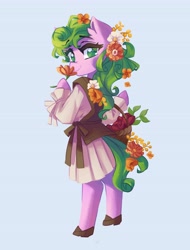 Size: 3116x4096 | Tagged: safe, artist:saxopi, character:daisy, species:anthro, species:earth pony, species:unguligrade anthro, g4, adaisable, arm hooves, basket, blue background, clothing, cute, dress, eyebrows, eyebrows visible through hair, female, flower, flower in hair, hoof hold, hoof shoes, looking at you, looking back, looking back at you, mare, shoes, simple background, solo, tail