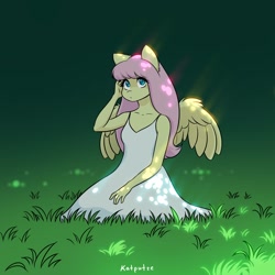Size: 2048x2048 | Tagged: safe, artist:katputze, character:fluttershy, species:anthro, species:pegasus, species:pony, g4, bangs, clothing, dress, female, looking at you, mare, no pupils, signature, sitting, solo, spread wings, sundress, three quarter view, wings