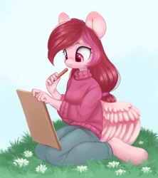 Size: 937x1055 | Tagged: safe, artist:melodylibris, oc, oc only, species:anthro, species:pegasus, species:unguligrade anthro, g4, anthro oc, clothing, cute, eyebrows, eyelashes, female, grass, mare, ocbetes, pants, pegasus oc, pencil, sitting, sketchpad, solo, sweater, three quarter view, wings