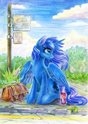 Size: 927x1300 | Tagged: safe, artist:maytee, character:princess luna, species:alicorn, species:pony, g4, bag, beautiful, bus stop, cloud, coke, colored pencil drawing, cute, cutie mark, day, female, horn, lunabetes, mare, outdoors, sitting, sky, solo, spread wings, traditional art, wings