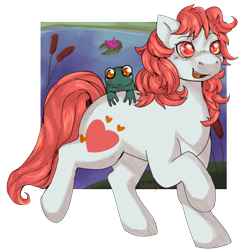 Size: 1600x1600 | Tagged: safe, artist:cinnamonsparx, character:sweetheart, species:earth pony, species:pony, g1, colored pupils, cute, eyebrows, female, frog, heart, lake, mare, open mouth, raised hoof, simple background, solo, transparent background, water