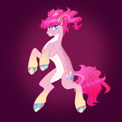 Size: 2048x2048 | Tagged: safe, artist:cha0sblue, character:pinkie pie, species:earth pony, species:pony, g4, alternate hairstyle, coat markings, colored hooves, dappled, female, gradient background, grin, hooves, looking at you, mare, rearing, signature, simple background, smiling, smiling at you, socks (coat marking), solo, three quarter view, unshorn fetlocks