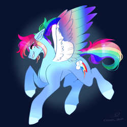 Size: 2048x2048 | Tagged: safe, artist:cha0sblue, character:rainbow dash, species:pegasus, species:pony, g4, backwards cutie mark, colored hooves, colored pupils, colored wings, colored wingtips, cutie mark, female, floppy ears, gradient background, gradient wings, grin, hooves, looking at you, mare, multicolored wings, profile, rainbow wings, signature, simple background, smiling, smiling at you, smirk, solo, spread wings, wings