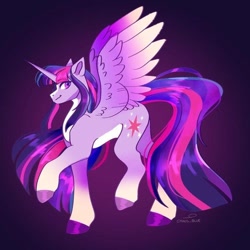 Size: 750x750 | Tagged: safe, artist:cha0sblue, character:twilight sparkle, character:twilight sparkle (alicorn), species:alicorn, species:pony, g4, butt, coat markings, colored hooves, colored wings, eyebrows, eyebrows visible through hair, female, gradient background, gradient wings, hooves, looking at you, mare, multicolored wings, plot, profile, signature, simple background, smiling, smiling at you, socks (coat marking), solo, spread wings, wings