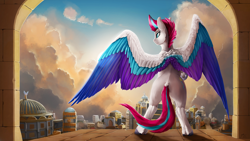 Size: 3840x2160 | Tagged: safe, artist:tenebrisnoctus, character:zipp storm, species:pegasus, species:pony, g5, big wings, bipedal, butt, city, cloud, colored hooves, colored wings, dock, female, hooves, looking away, mare, multicolored wings, plot, rear view, rearing, solo, spread wings, standing on two hooves, tail, underhoof, unshorn fetlocks, wings, zephyr heights
