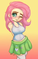 Size: 773x1200 | Tagged: safe, artist:inkypuso, character:fluttershy, species:eqg human, g4, my little pony:equestria girls, adorasexy, blushing, blushing profusely, breasts, busty fluttershy, clothing, colored eyebrows, cute, eyebrows, gradient background, hands behind back, looking at you, miniskirt, one eye closed, sexy, shyabetes, signature, skirt, socks, solo, stockings, tank top, thigh highs, wink, winking at you, zettai ryouiki