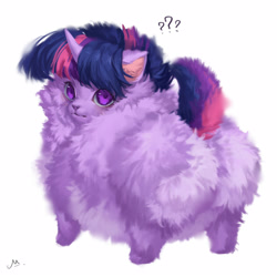 Size: 1600x1600 | Tagged: safe, artist:makkah-chan, character:twilight sparkle, species:dog, g4, chihuahua, cute, dogified, excessive fluff, female, fluffy, looking at you, looking back, looking back at you, question mark, signature, simple background, solo, species swap, twiabetes, twilight barkle, white background