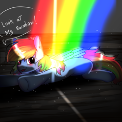 Size: 2000x2000 | Tagged: safe, artist:valkiria, character:rainbow dash, species:pegasus, species:pony, g4, blushing, cute, dashabetes, dialogue, eye clipping through hair, female, high res, looking at you, lying down, mare, ponified, ponified animal photo, prone, rainbow, solo, species swap, speech bubble, talking, text, wings