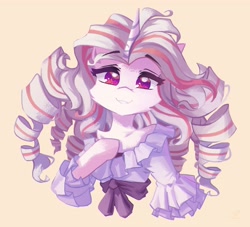 Size: 3375x3062 | Tagged: safe, artist:saxopi, oc, oc only, species:pony, species:unicorn, bust, clothing, commission, cute, eyebrows, eyebrows visible through hair, female, horn, large voluminous hair, looking at you, mare, ocbetes, portrait, simple background, solo